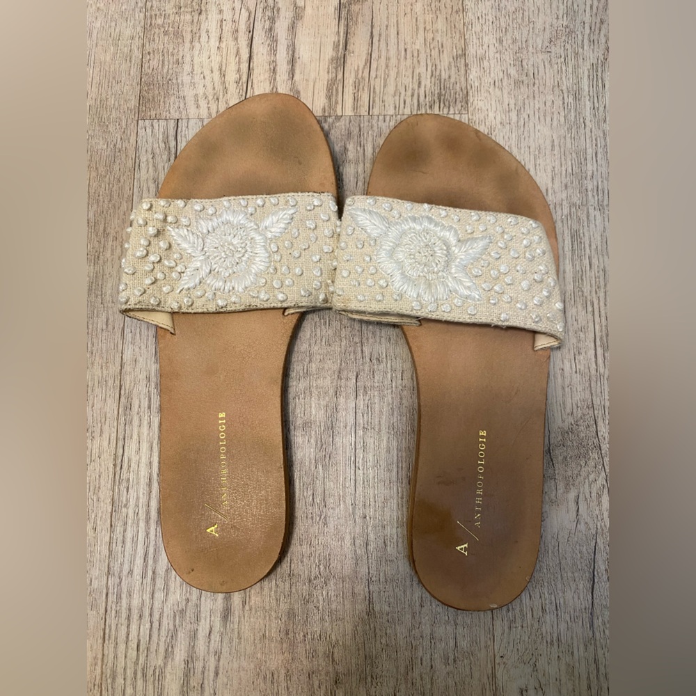 Anthropologie Tan and White Embroidered Sandals
